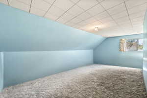 Attic space featuring sloped walls, light blue paint, and textured carpet flooring