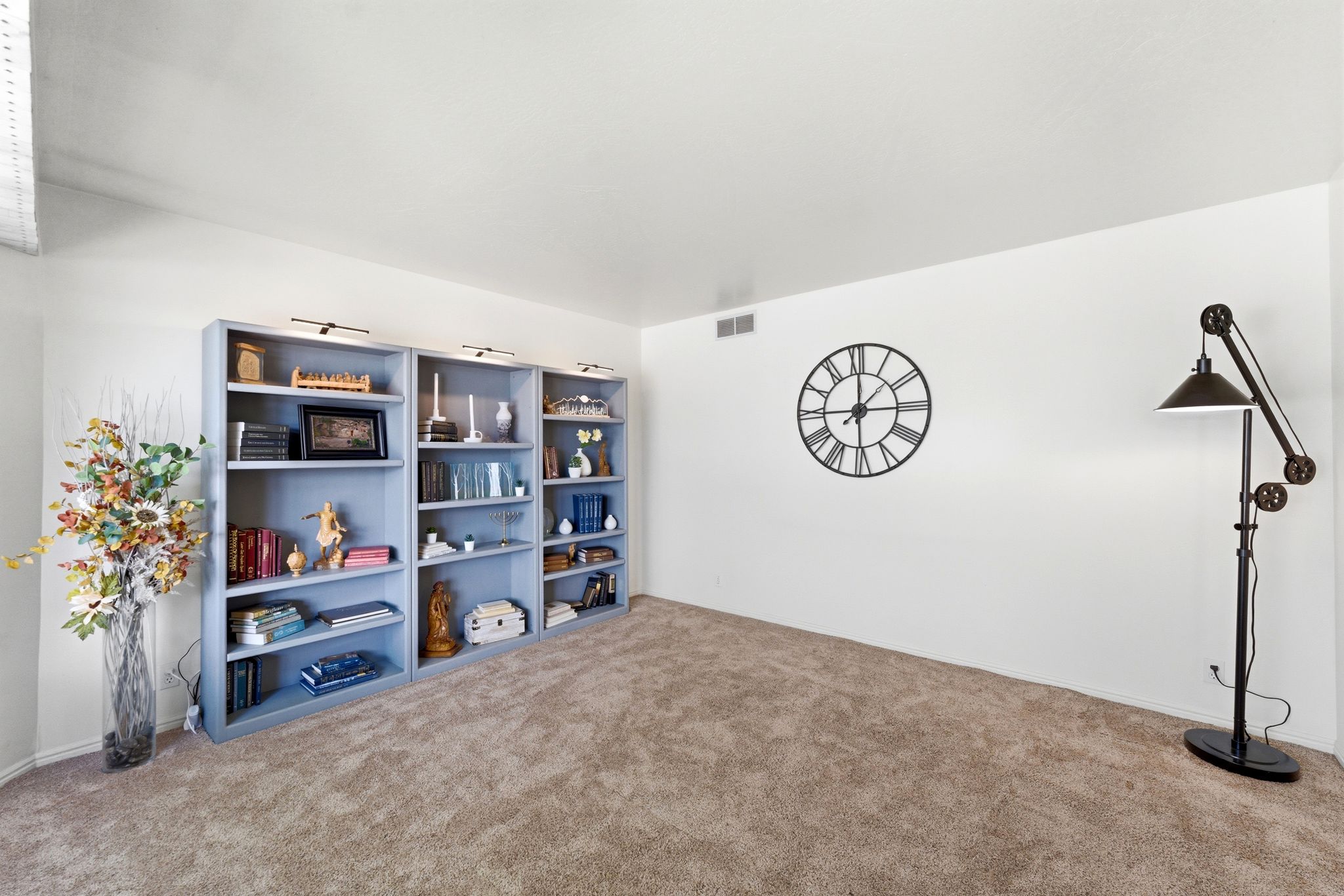Built-in shelving with integrated lighting, wall-to-wall carpeting, and white painted walls