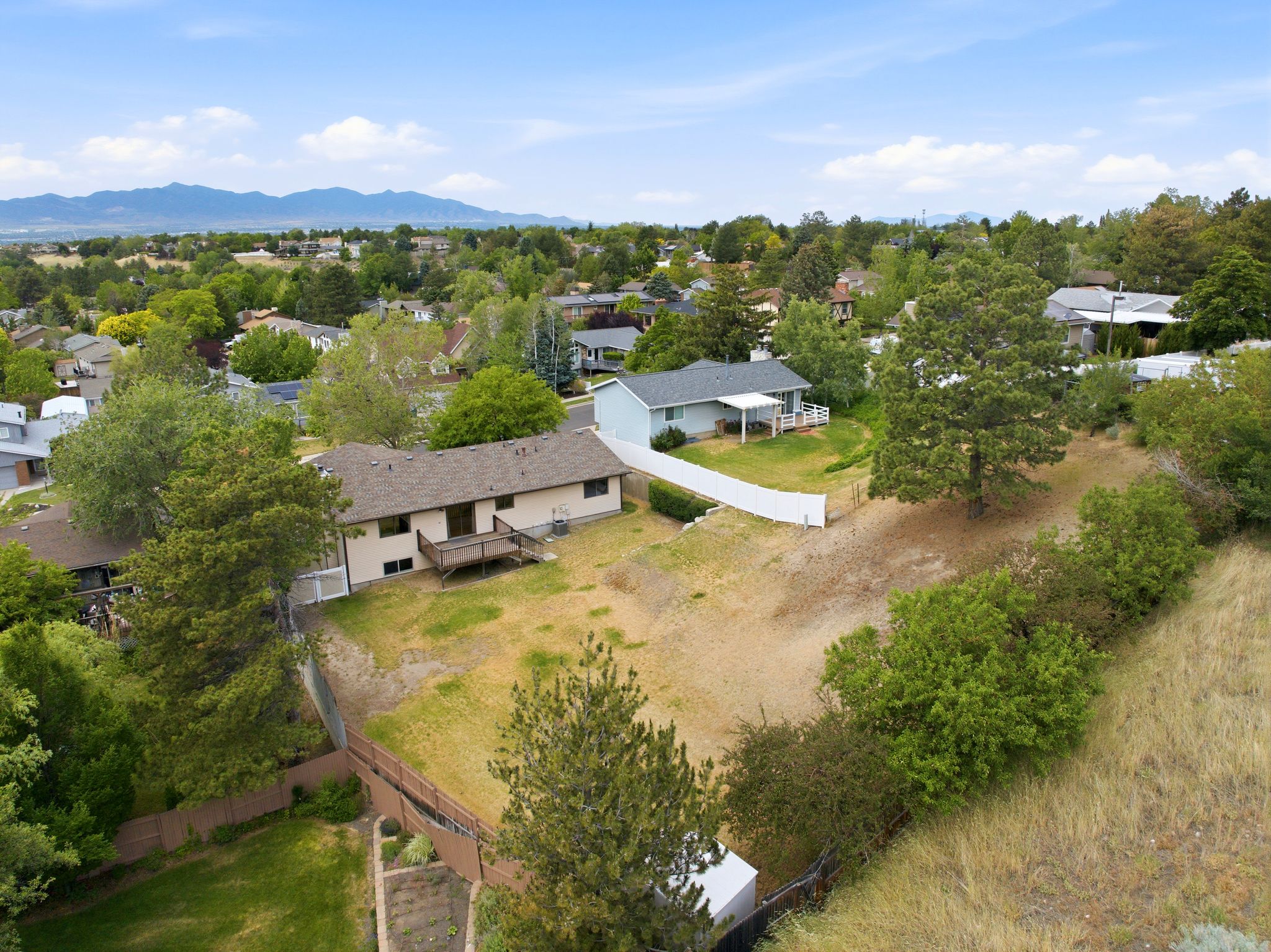 Expansive property featuring two distinct structures, mature trees, and a tiered landscape