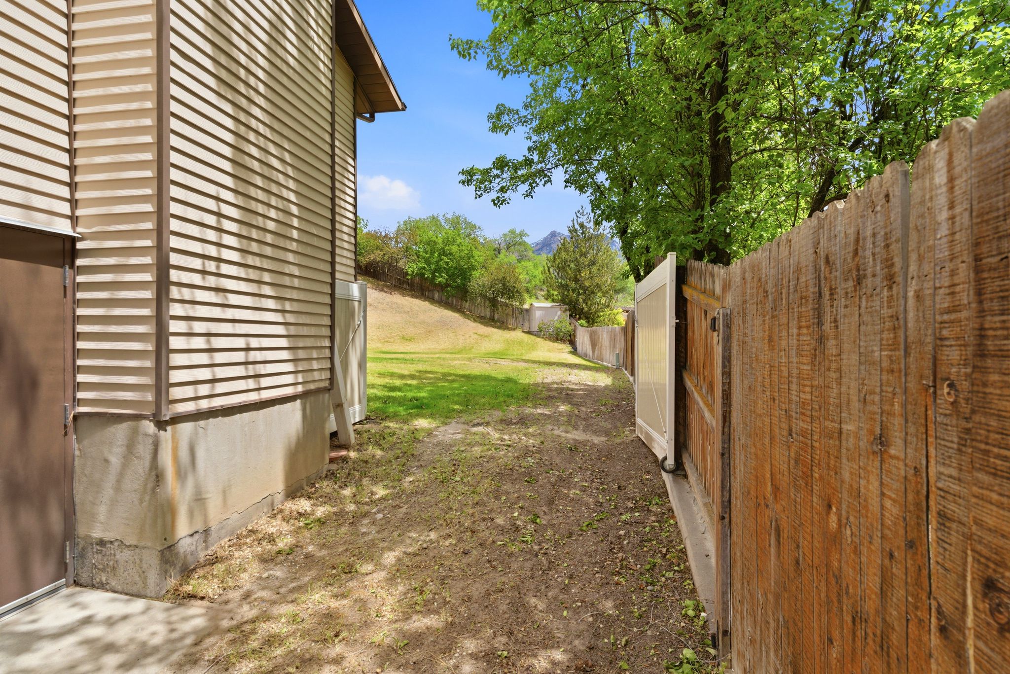 Side yard featuring wood-finish siding, a brown access door, and a wood privacy fence