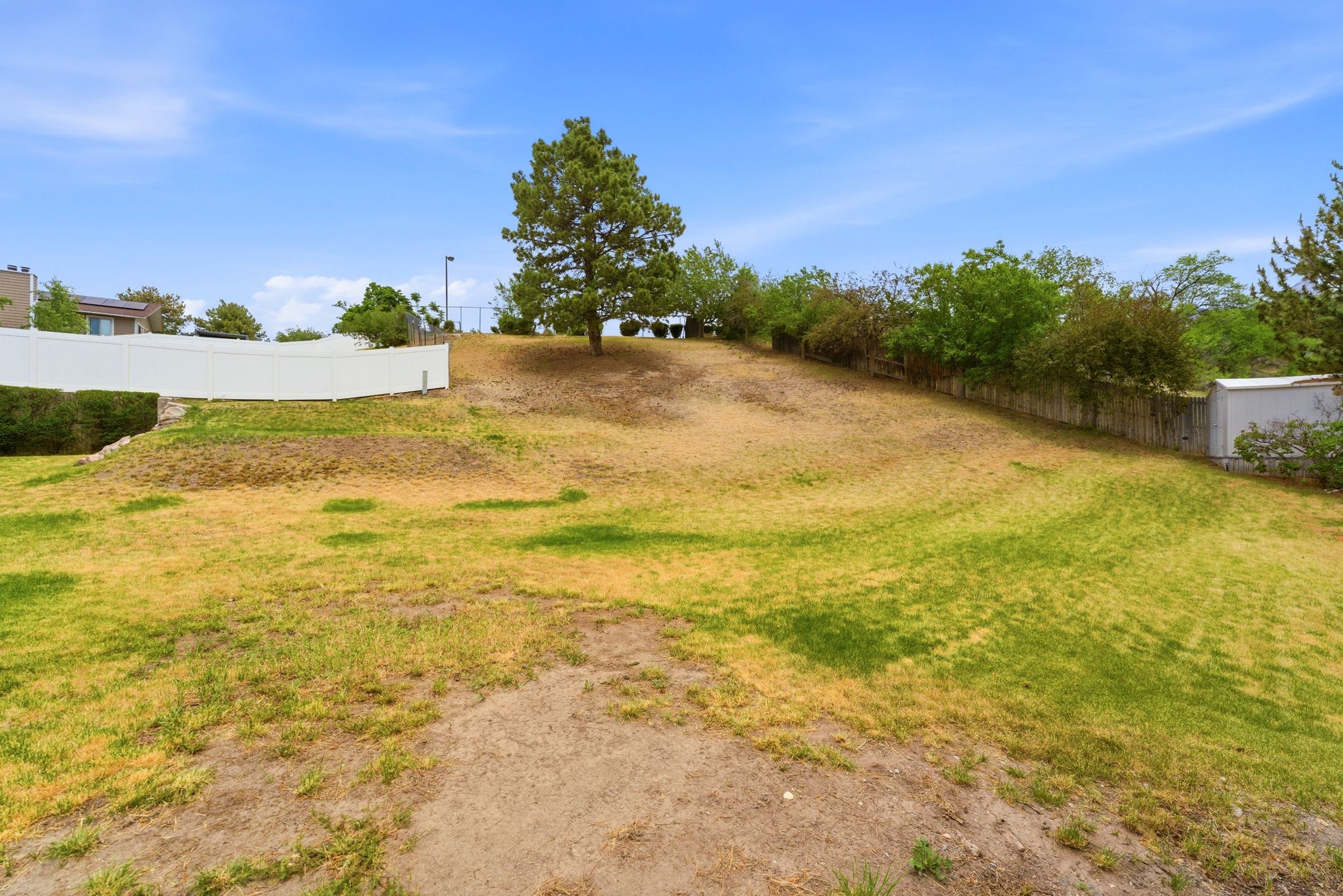 Expansive outdoor space with a sloped terrain featuring a mix of grass and natural ground cover