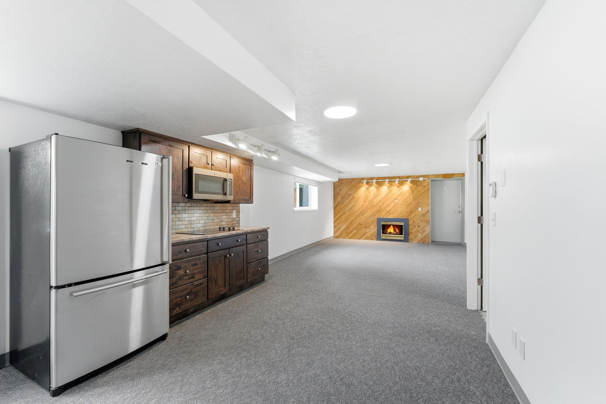 Versatile lower-level space featuring a contemporary fireplace with a wooden accent wall, track lighting, and a skylight