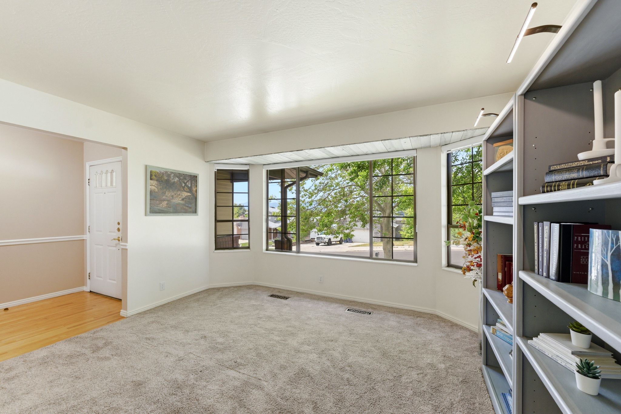 Bay window with multiple panes, light-toned walls, built-in shelving, plush carpeting, and wood-finish flooring at entry