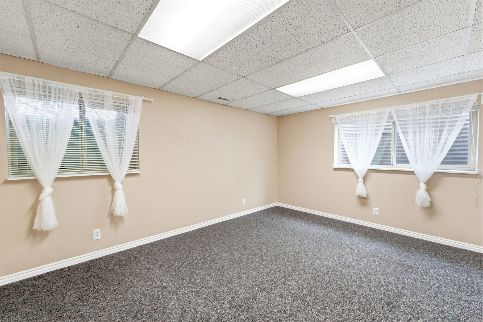 Spacious room featuring neutral painted walls, dark gray carpet flooring, and white baseboards