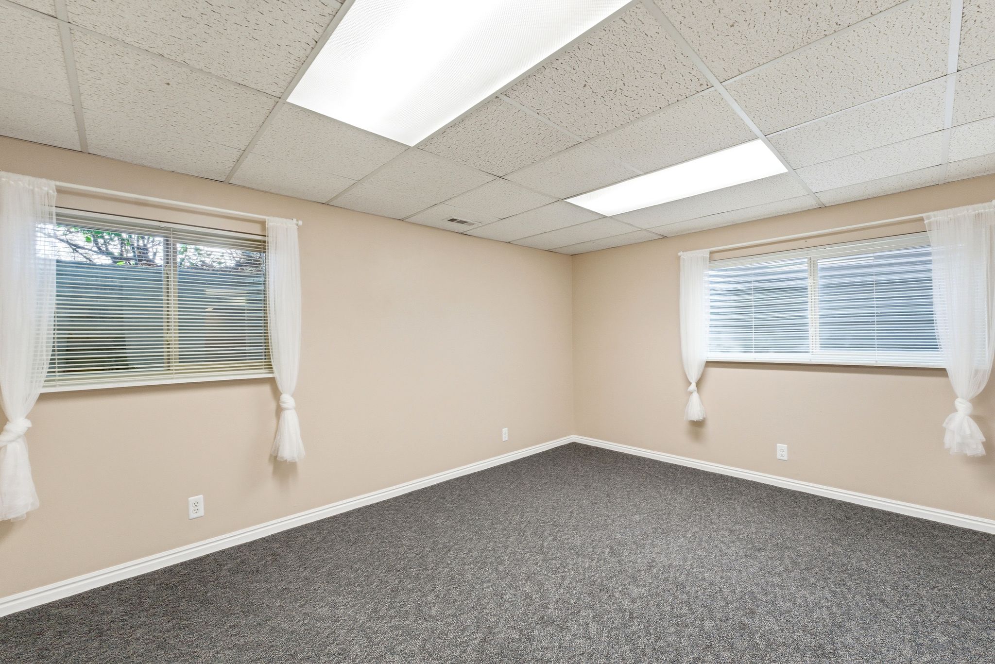 Room featuring neutral wall tones and dark gray carpet flooring