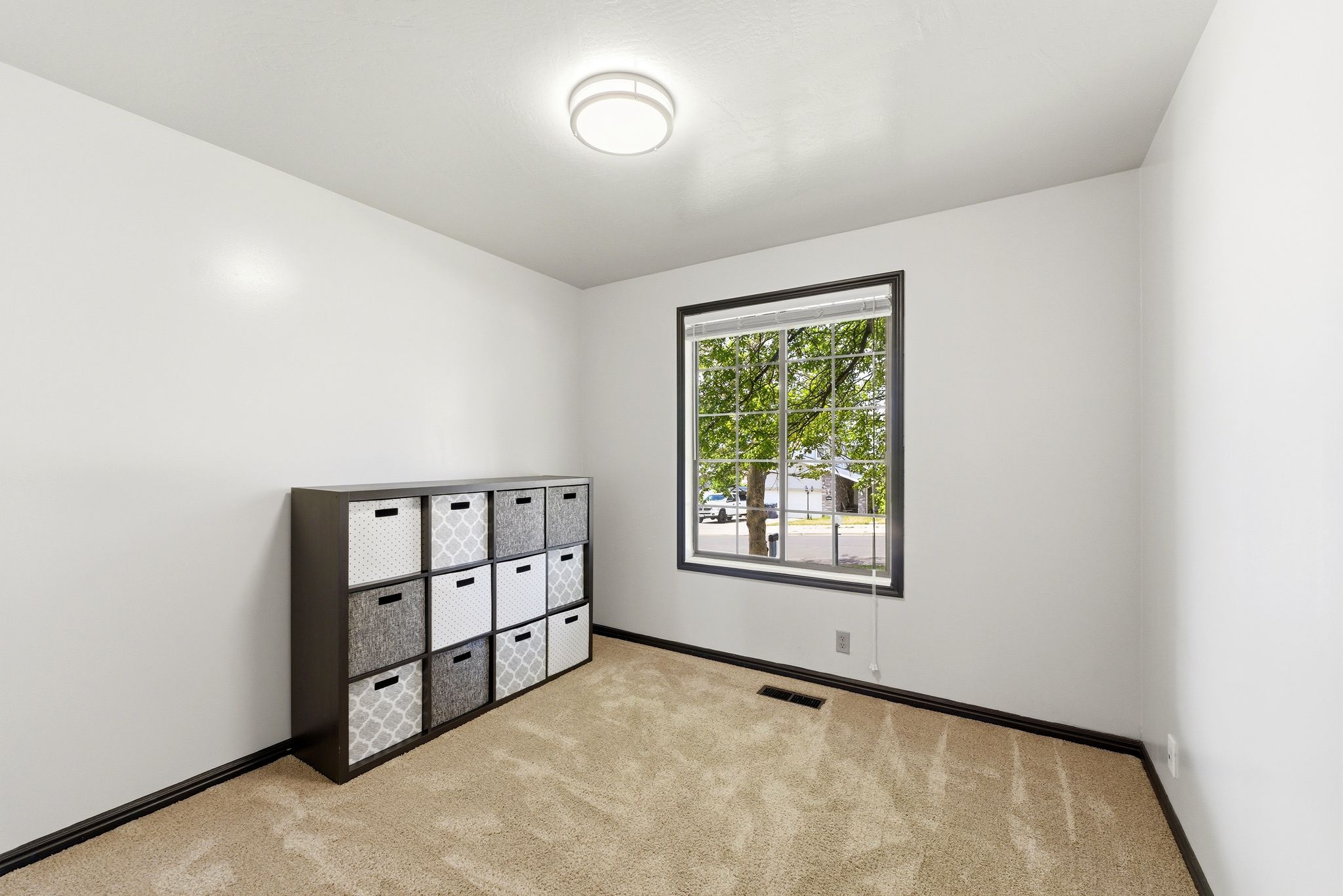 Carpeted room featuring white walls, dark trim, and a window with dark framing