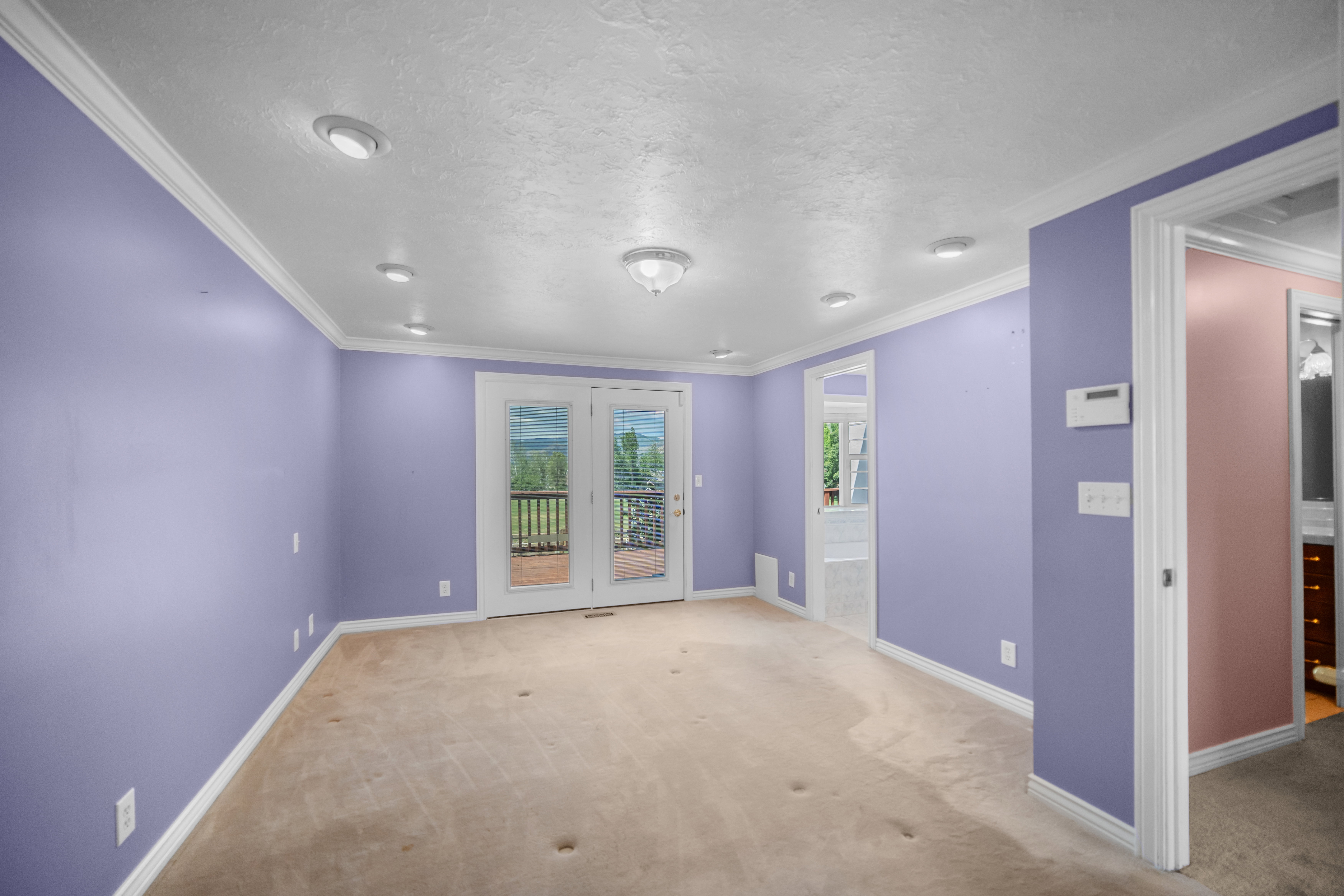 Room featuring double patio doors, recessed lighting, white crown molding, and light-colored carpeting