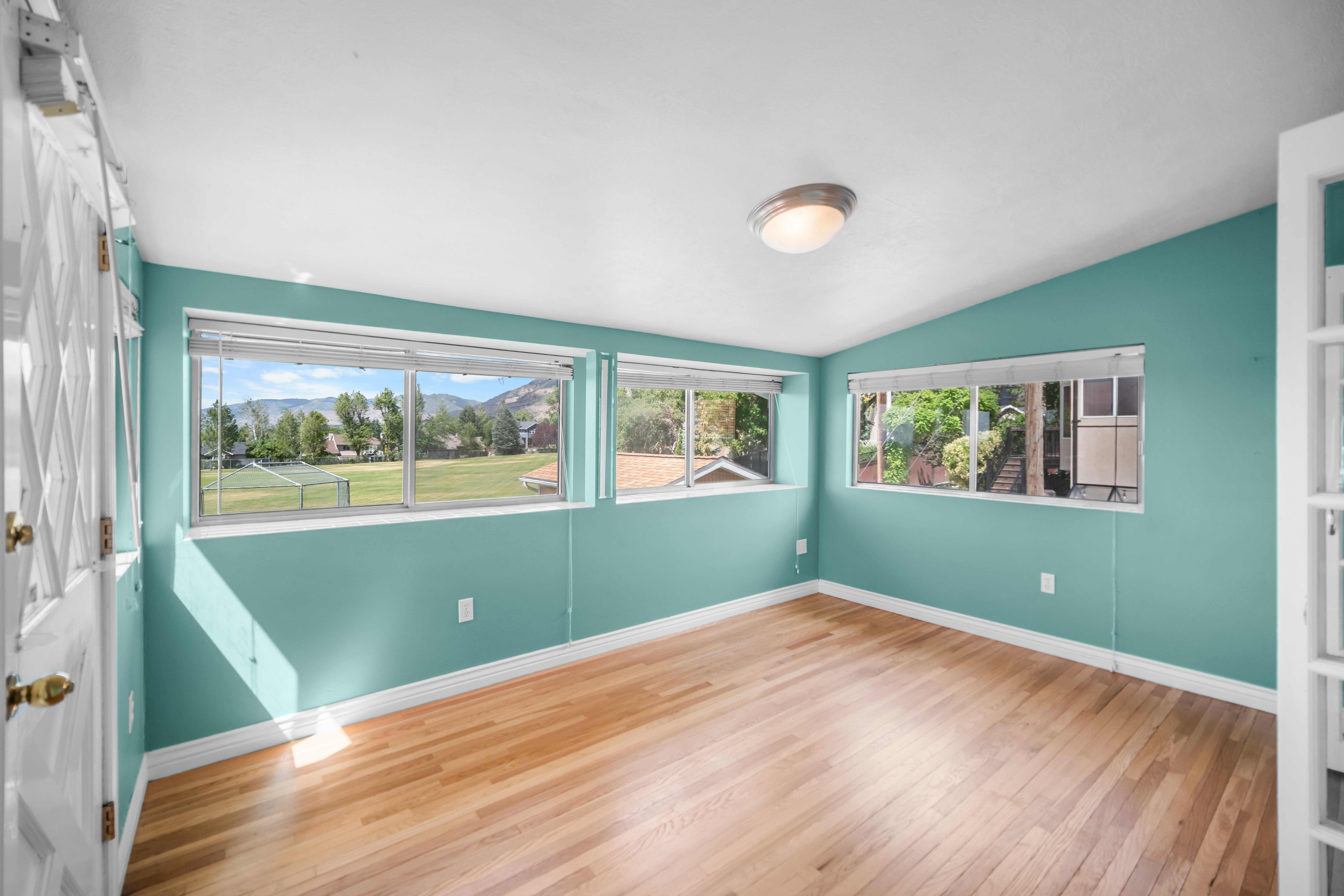 Room featuring wood-finish flooring, light teal walls, and white trim
