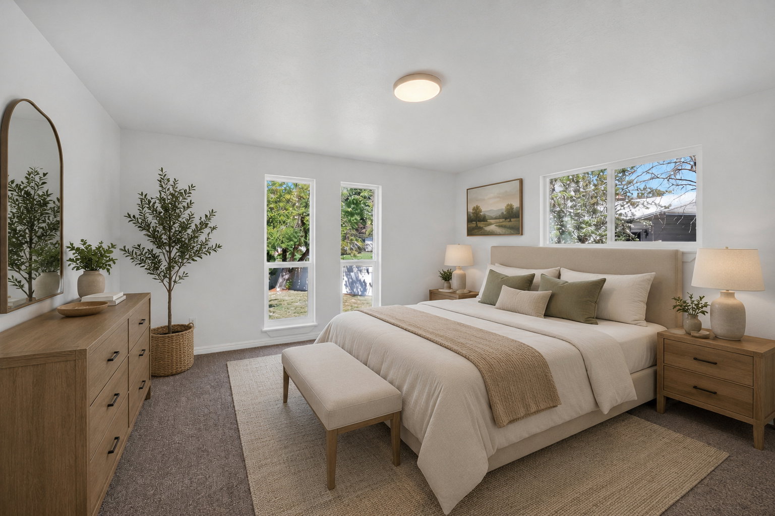 Virtual staging included to showcase room potential. Spacious room with large windows, recessed lighting, and soft carpet flooring