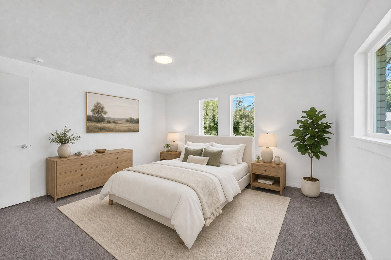 Virtual staging included to showcase room potential. Bright interior space with white walls and gray carpeting