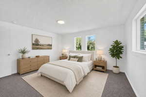 Virtual staging included to showcase room potential. Bright interior space with white walls and gray carpeting