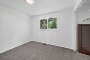 Bedroom featuring neutral-toned walls, gray carpeting, and a window with exterior views