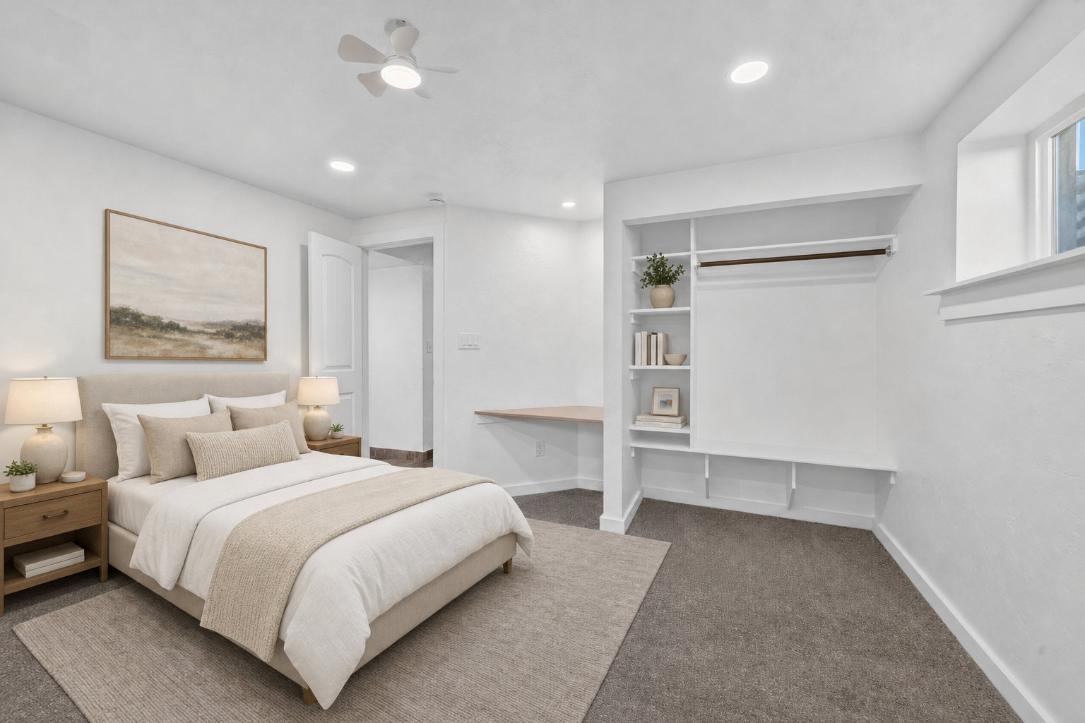 Virtual staging included to showcase room potential. Bedroom featuring built-in shelving, a clothes rod, a built-in desk, a ceiling fan, and recessed lighting
