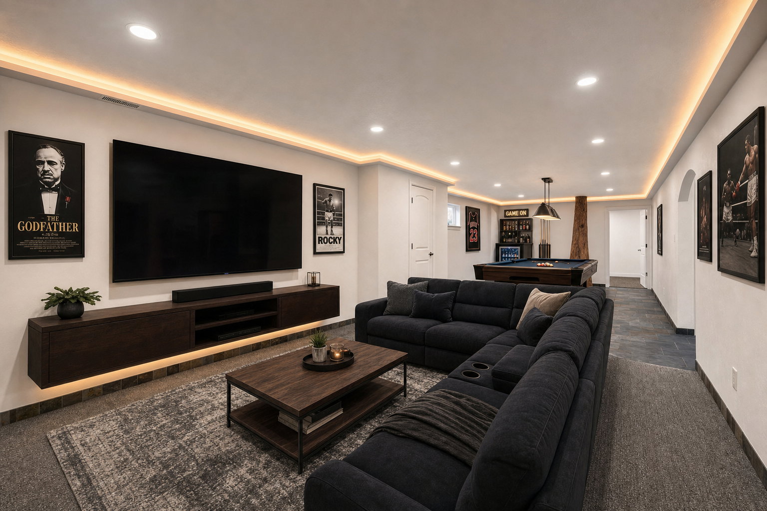 Virtual staging included to showcase room potential. Spacious recreation area featuring a large built-in media console, recessed lighting, and accent cove lighting
