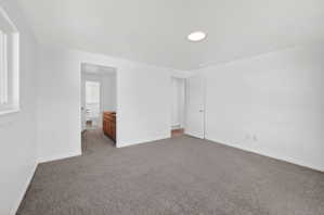 Spacious room with new gray carpet, white walls, and a large window
