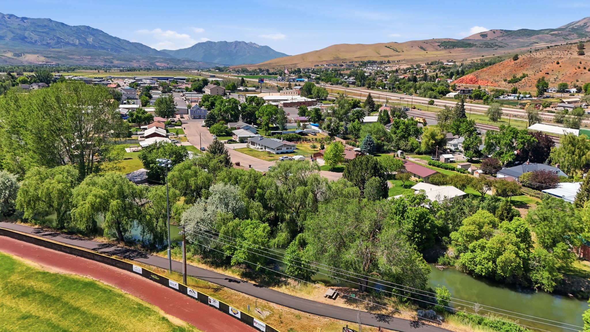 Aerial perspective showcasing residential properties amidst abundant mature trees