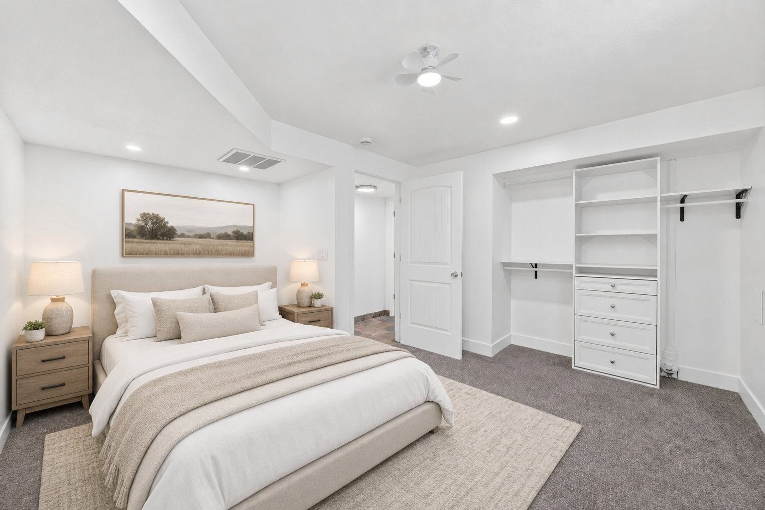Virtual staging included to showcase room potential. Bedroom featuring recessed lighting, a ceiling fan, plush carpeting, and a built-in closet organization system with shelving and drawers