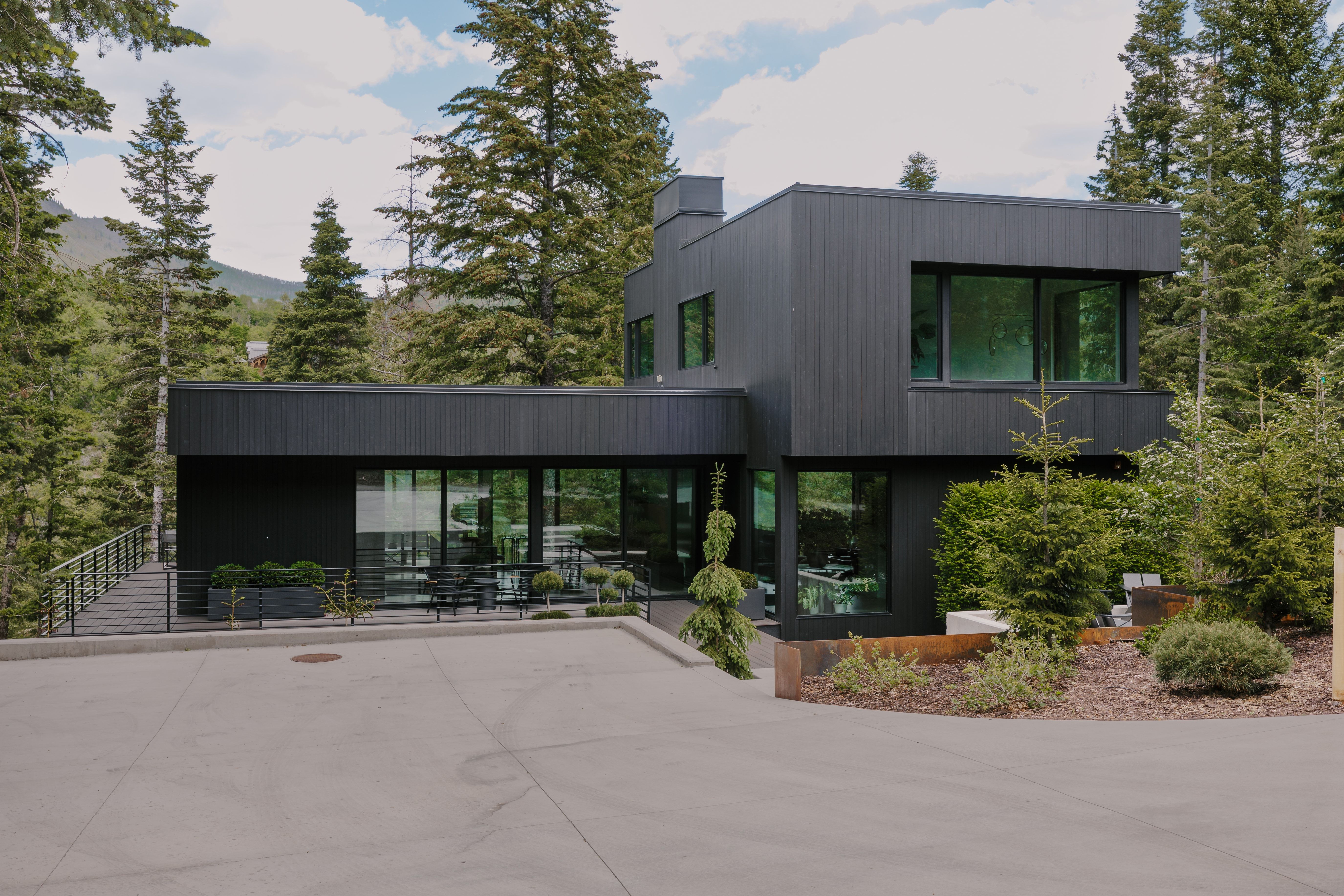Modern black exterior with expansive windows, concrete driveway, and mature landscaping