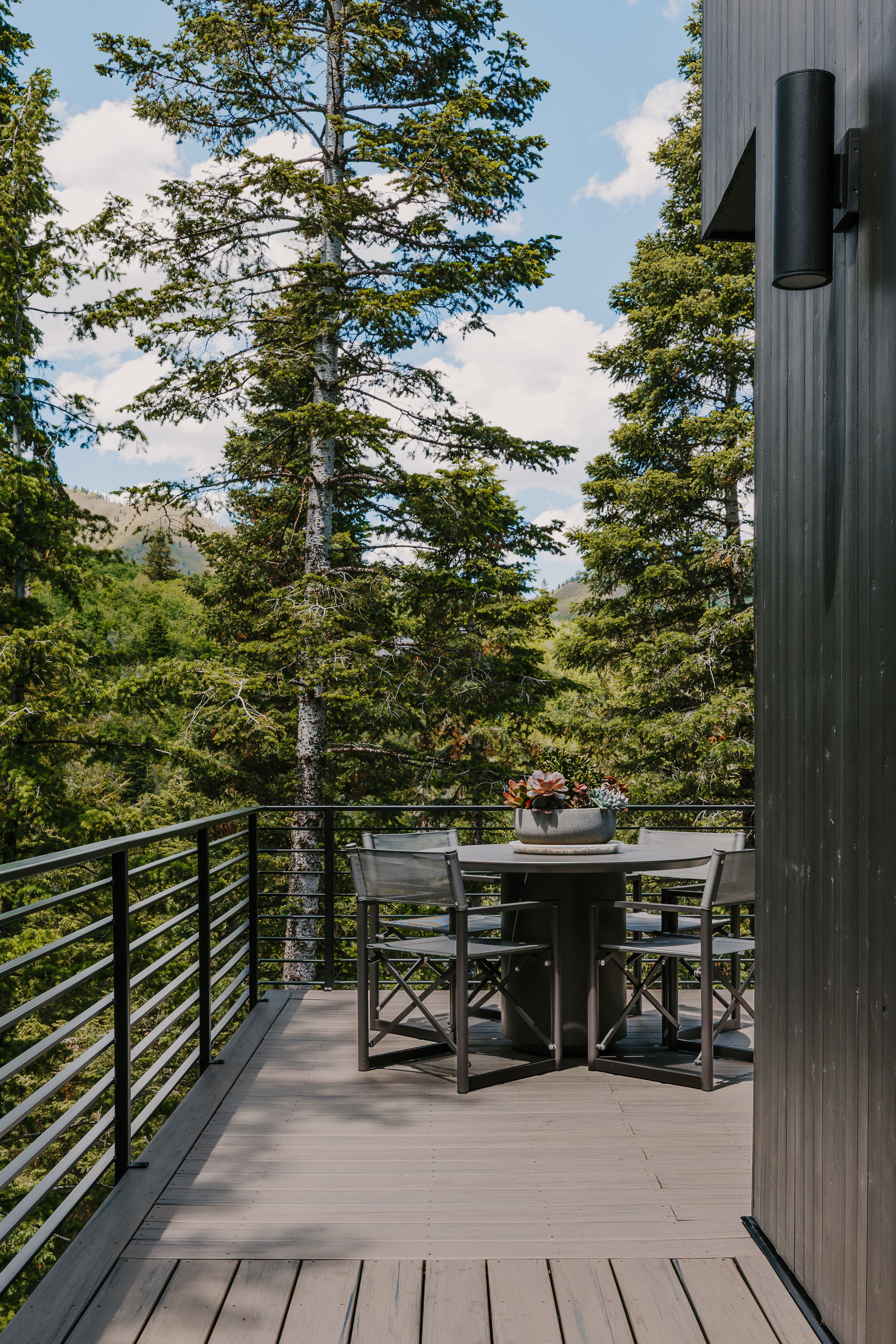 Expansive outdoor decking featuring composite wood-finish flooring and black horizontal bar railings