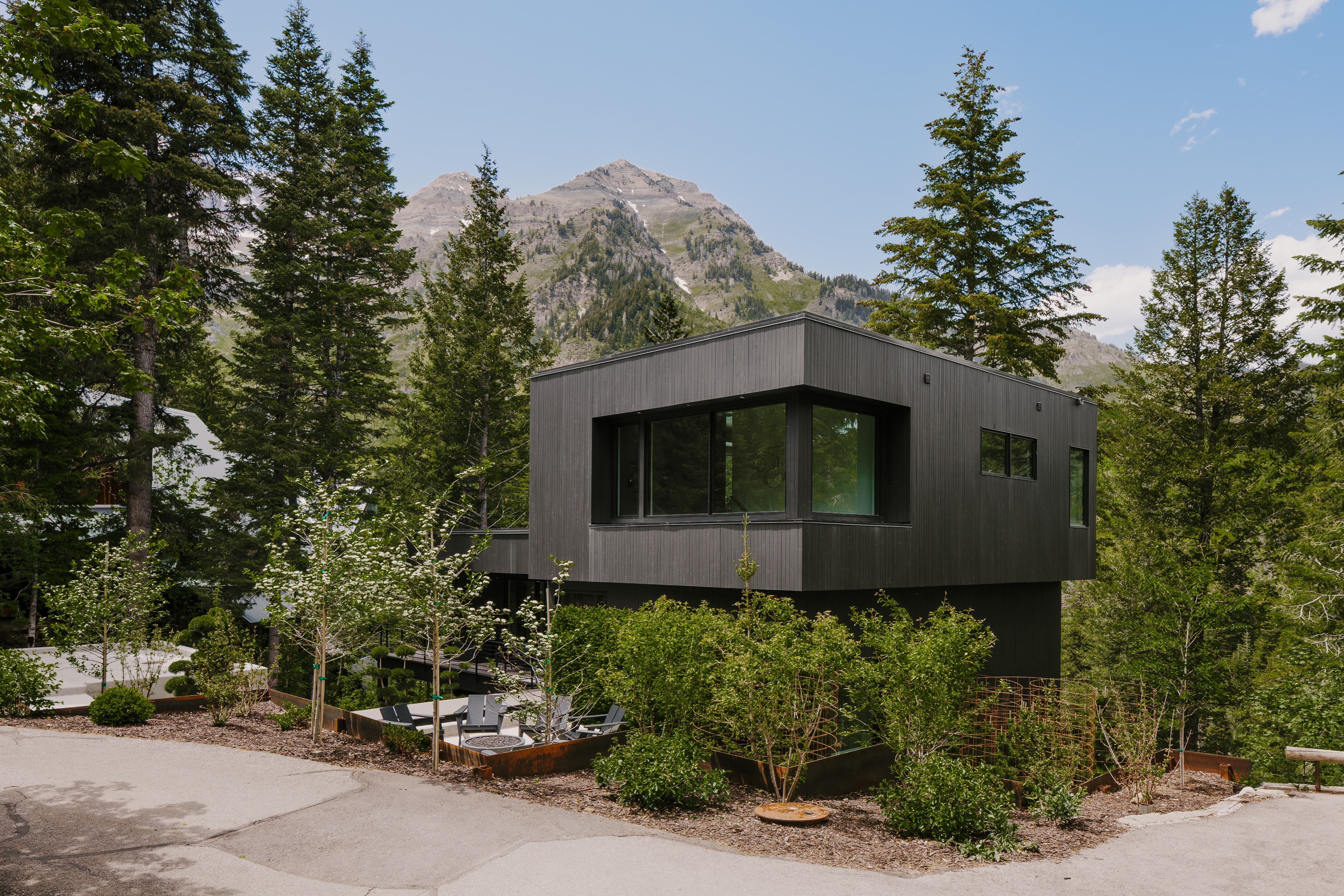 Modern architecture featuring dark panel siding and large pane windows
