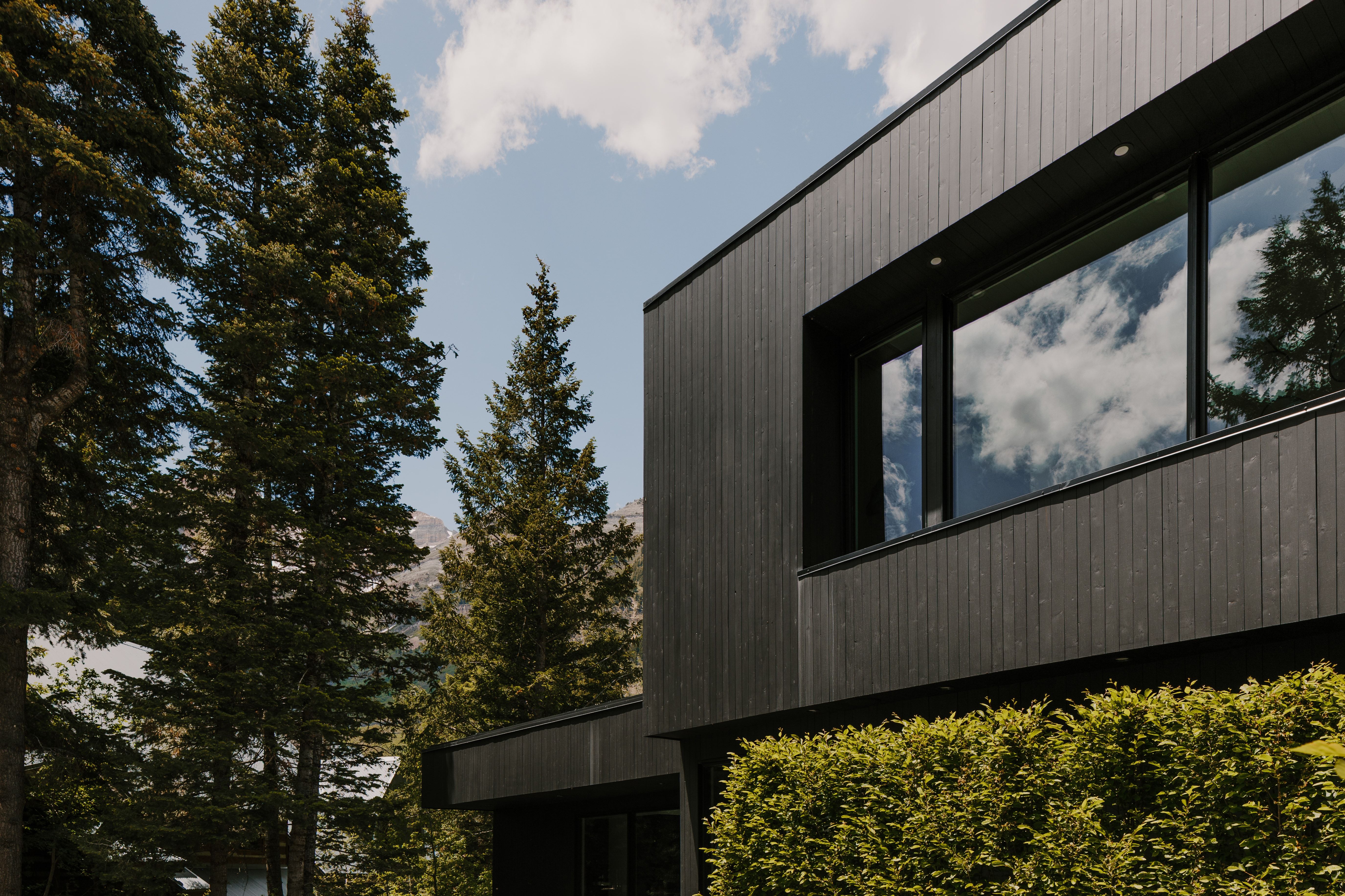 Contemporary exterior featuring dark vertical wood-finish siding, black-framed windows, and integrated exterior lighting