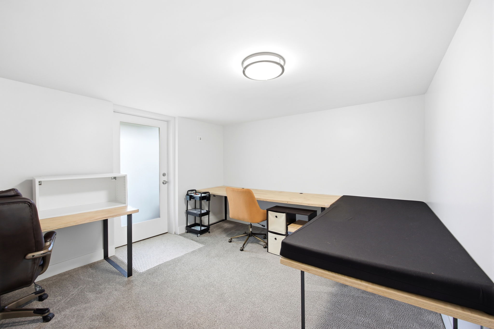Bright room with neutral wall tones, carpet flooring, a frosted glass-panel door, and a flush-mount ceiling light fixture