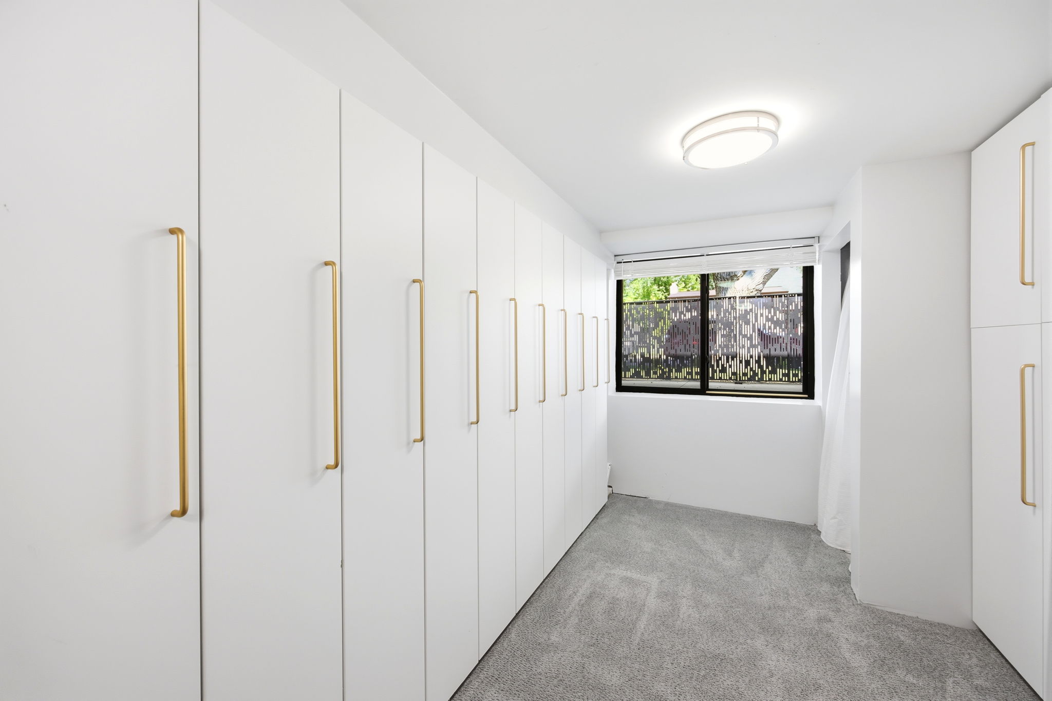 Wall-to-wall white cabinetry with gold-tone hardware, grey carpeting, a flush-mount ceiling light, and a black-framed window