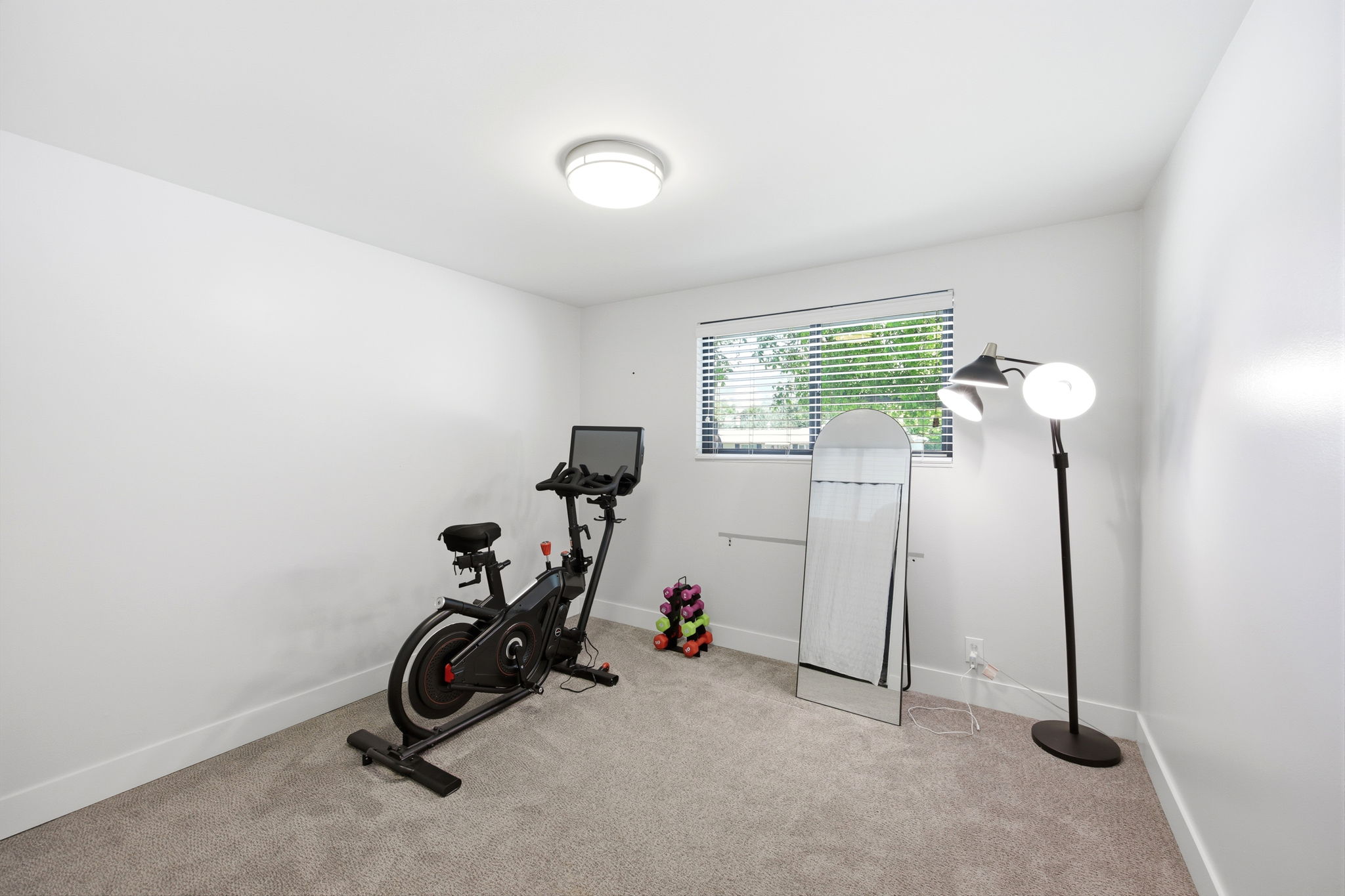 Dedicated space featuring neutral wall tones, plush gray carpeting, a single window with horizontal blinds, and a flush-mount ceiling light fixture