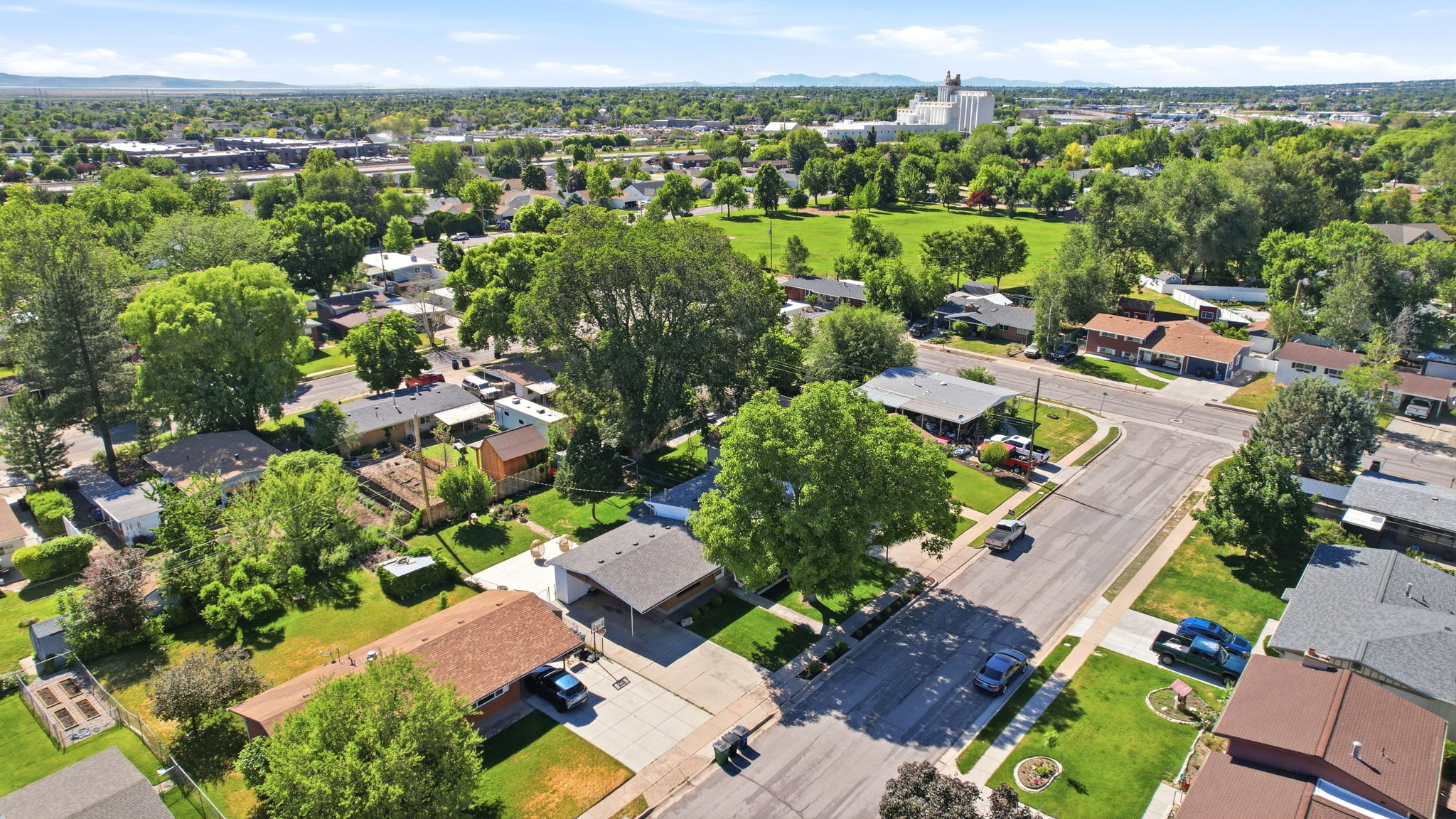 Aerial perspective showcasing a residential area with varied housing styles