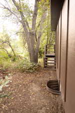 Side exterior with brown vertical siding, a window well, and wooden stairs with railings