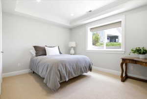Bedroom featuring light gray walls, plush carpeting, a large window with white trim, recessed lighting, and a tray ceiling