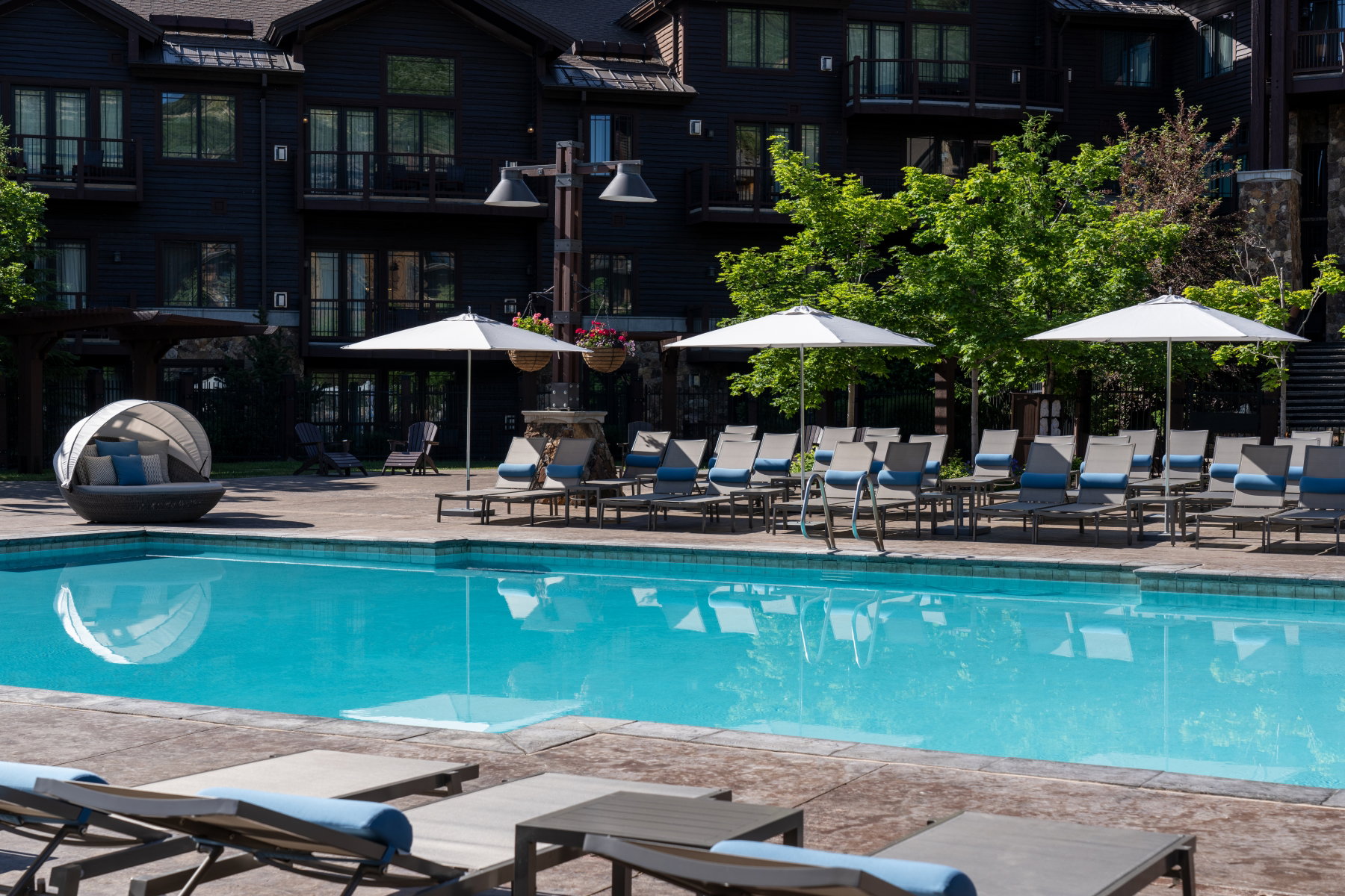 Outdoor swimming pool with integrated steps, surrounded by a concrete deck, and bordered by a dark-stained wood-sided building with multiple balconies