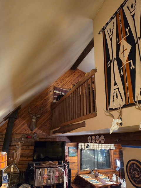 Vaulted ceiling with exposed wood beams, wood-planked walls, and an interior balcony with wood railing