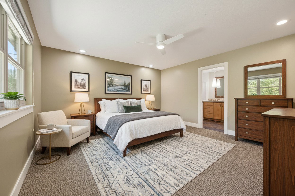 Large primary bedroom with attached ensuite, recessed lighting, and ample natural light