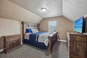 Carpeted bedroom featuring an angled ceiling, a single window with blinds, and a flush-mount ceiling light