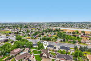 Aerial perspective showcasing a residential neighborhood with established trees and surrounding natural elements