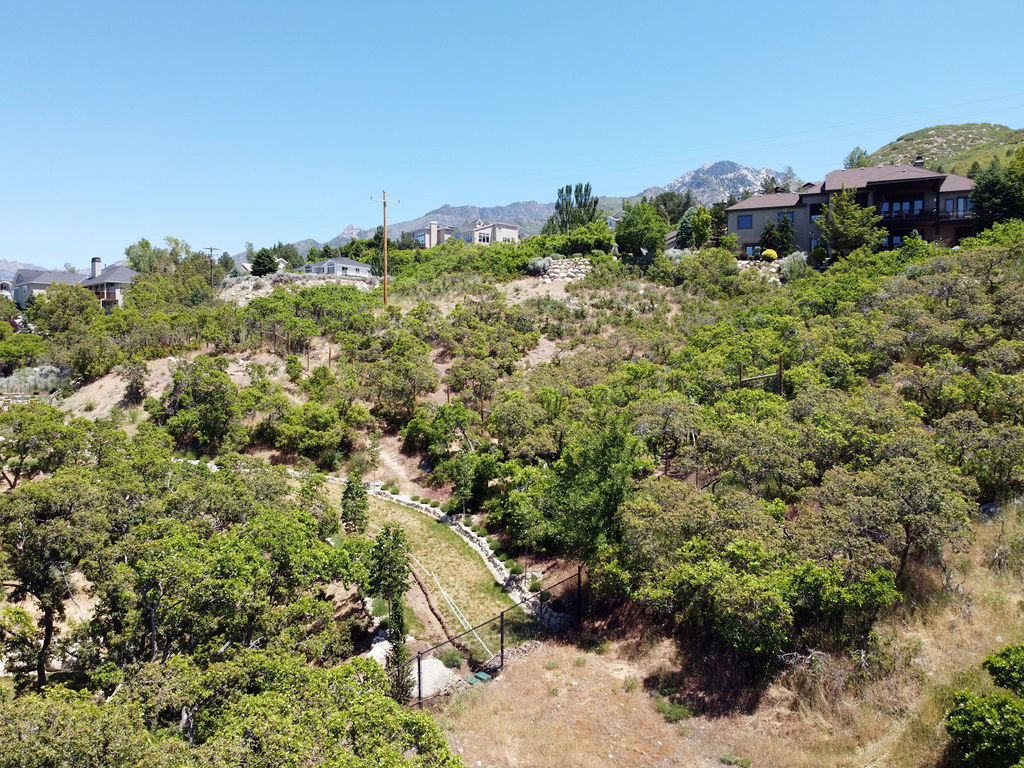 Sloping hillside terrain with varied foliage and a winding path, featuring distant mountain backdrops and scattered residential structures