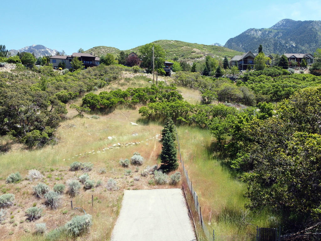 Expansive mountainous terrain with varied green foliage and several properties interspersed