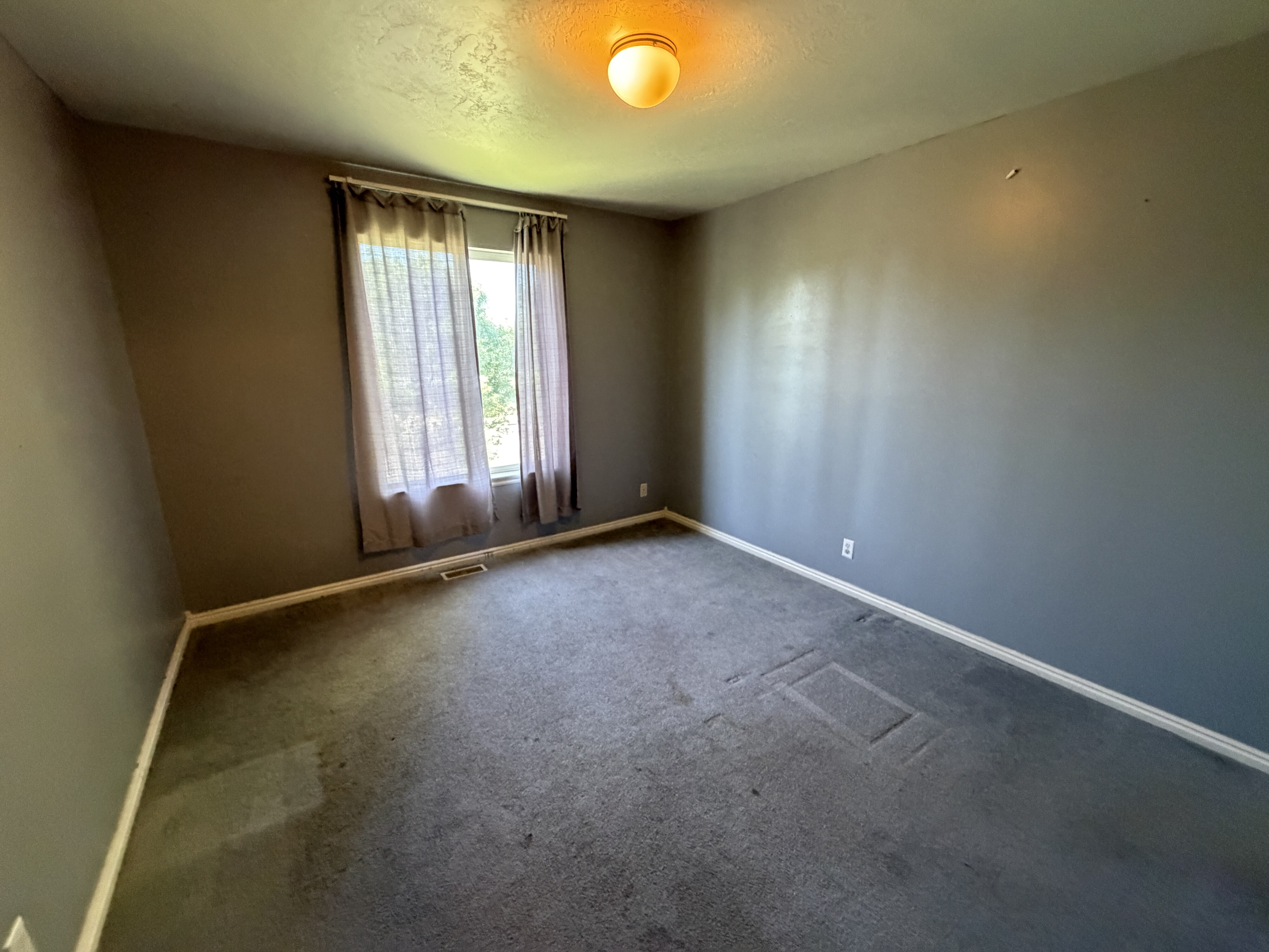 Carpeted room with a single window and a ceiling-mounted light fixture