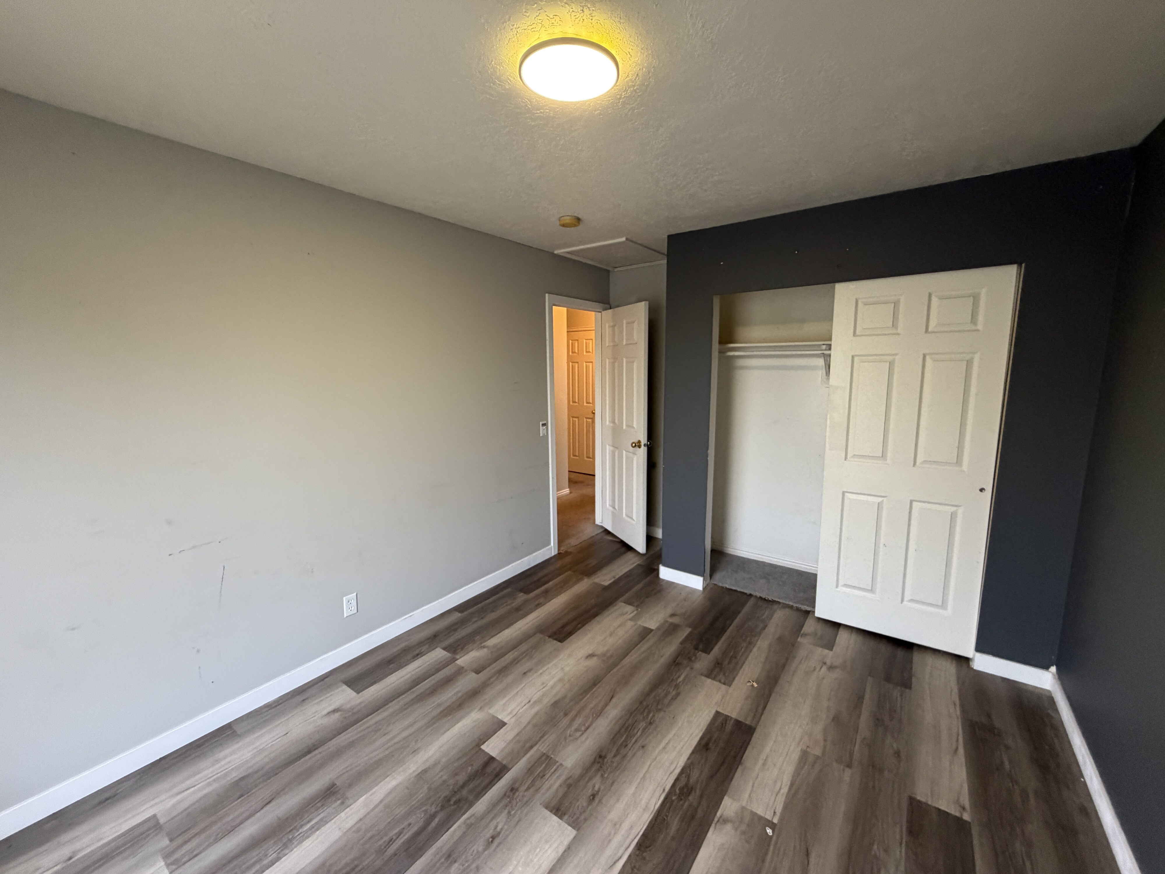 Spacious room featuring wood-finish flooring, light grey walls, and a distinctive dark accent wall