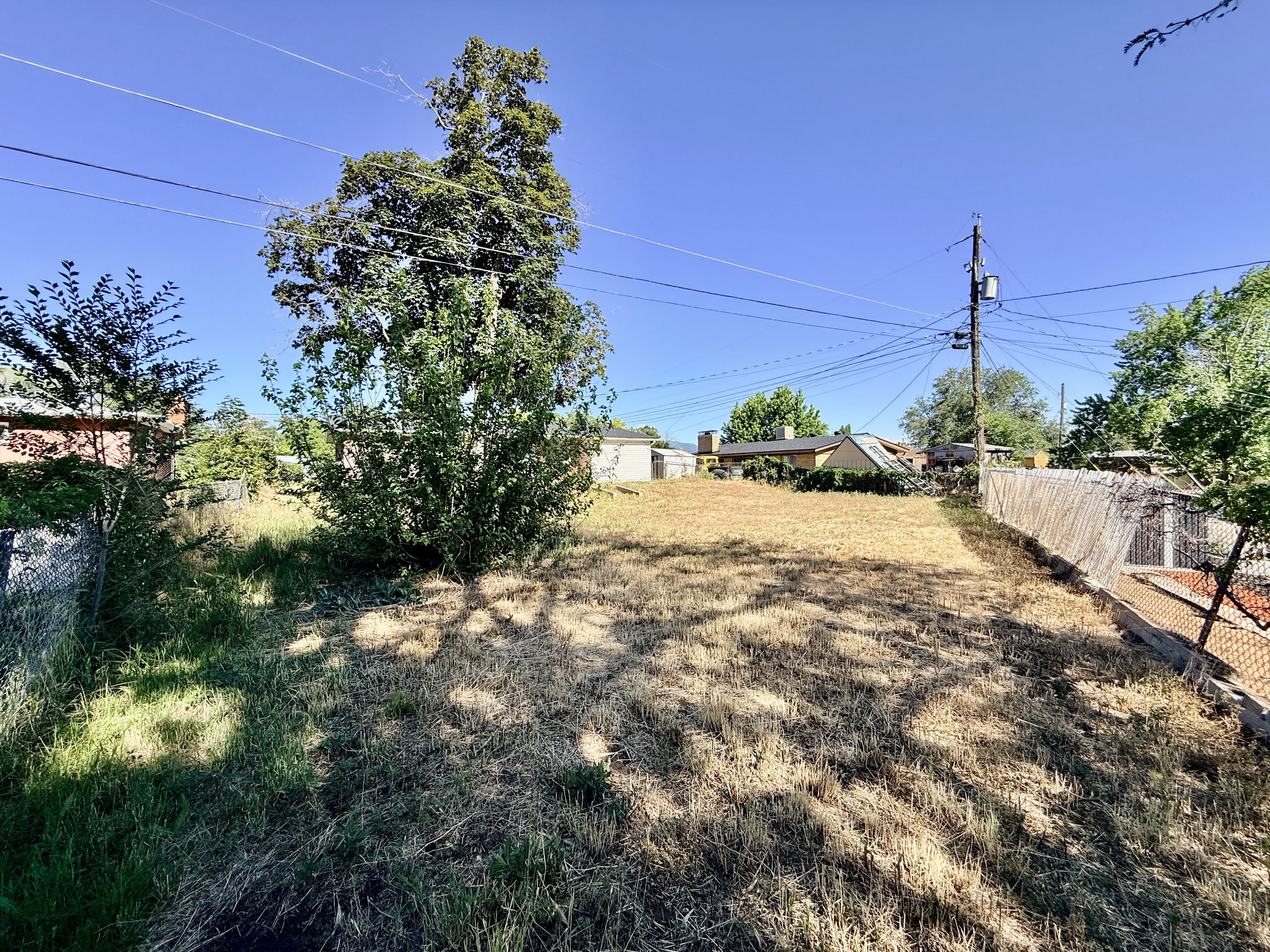 Expansive lot featuring mature trees, partial fencing, and clear blue skies