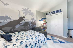 Vaulted ceiling bedroom featuring a custom wall mural and a double bi-fold closet
