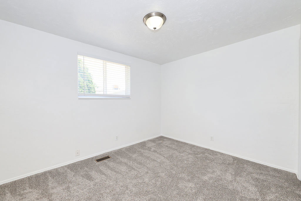 Neutral white wall finishes, plush grey carpeting, and a window with horizontal blinds