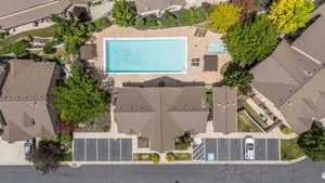 Full-size community pool with spacious sun deck, shade structures, lounge seating, and spa area. Summer living starts right here.