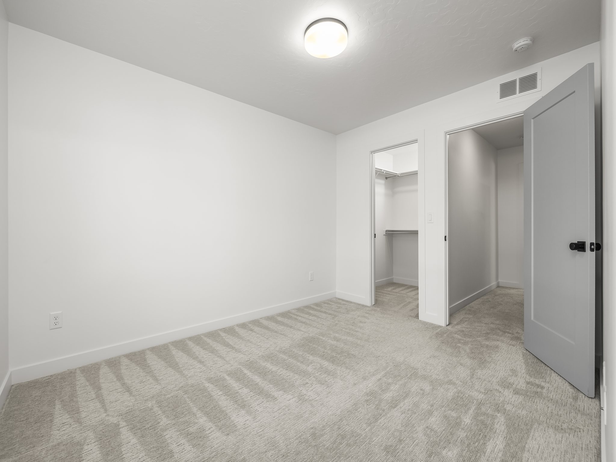 Neutral tone walls and carpeting throughout, featuring a walk-in closet with built-in shelving, a second closet, and a flush mount ceiling light fixture