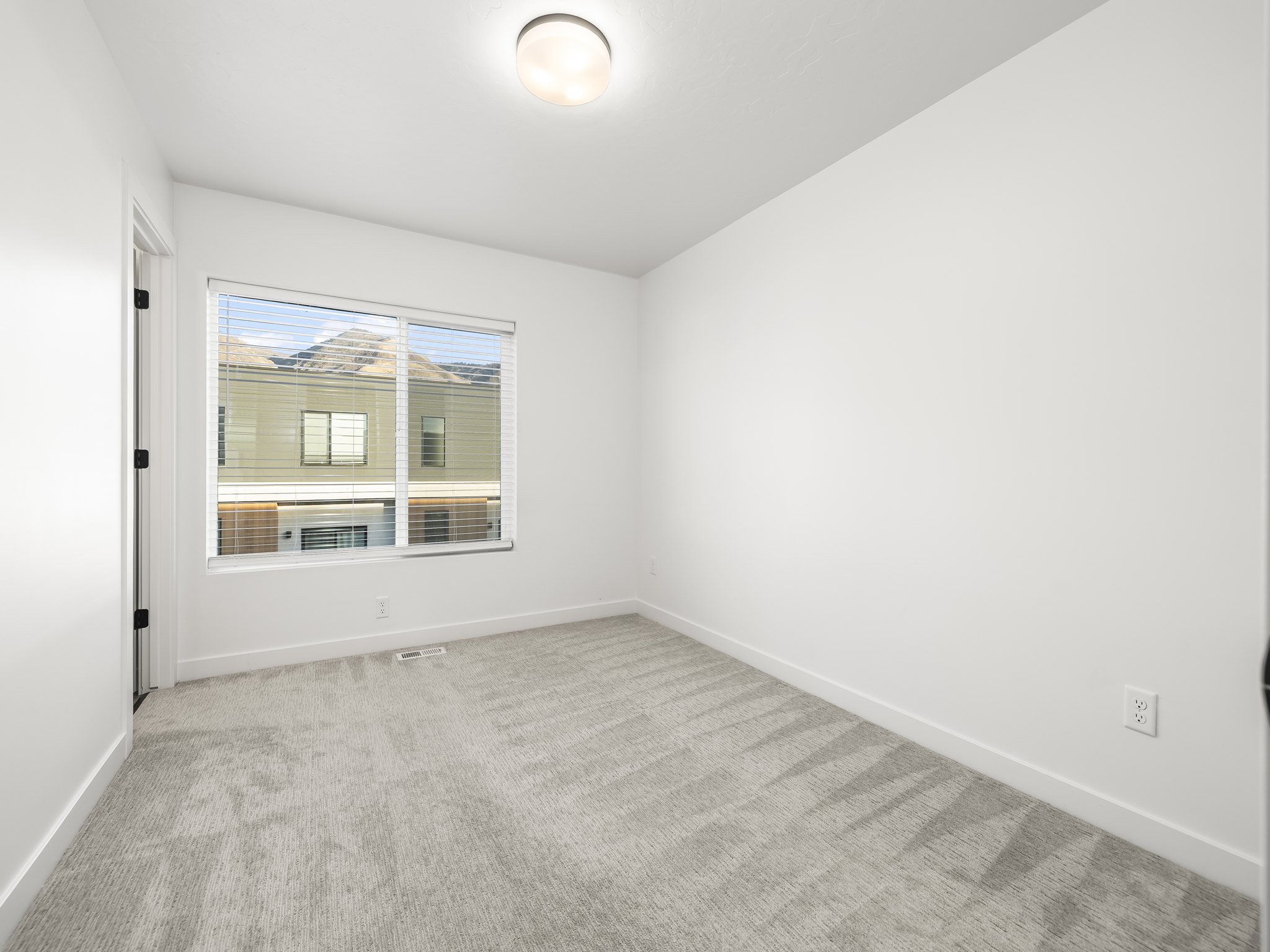 Bright interior room featuring a large window with horizontal blinds, light gray carpeting, and a flush-mount ceiling light