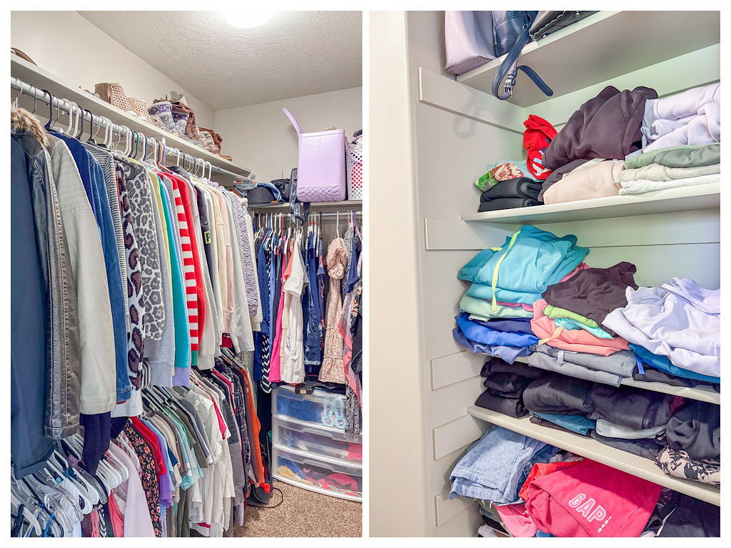 Walk-in closet featuring built-in shelving, multiple hanging rods, and recessed lighting