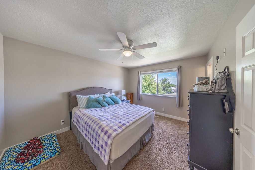 Spacious room featuring neutral painted walls, textured carpet flooring, a ceiling fan with integrated lighting, and a large window with natural light