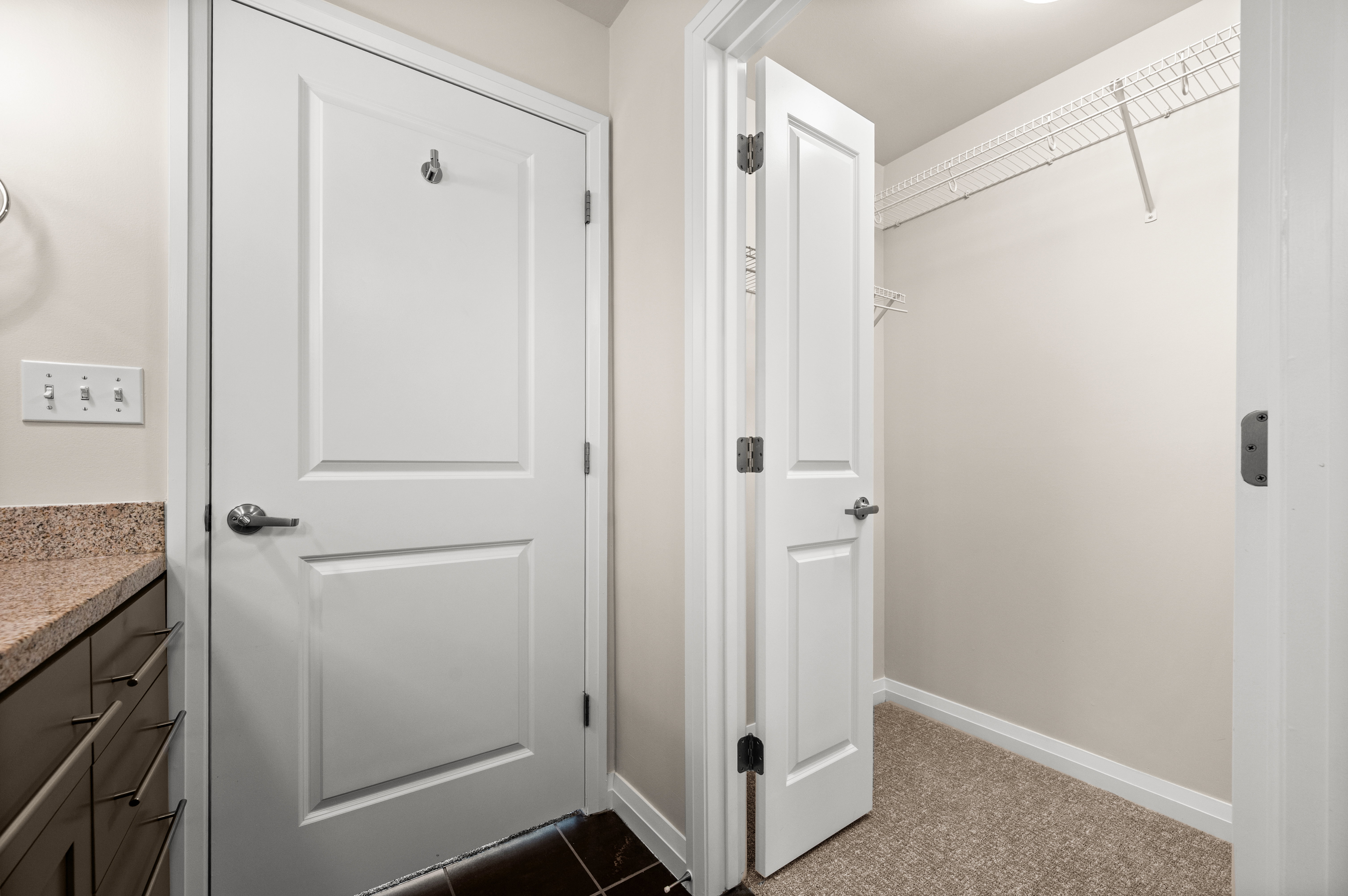 Walk-in closet featuring wire shelving, neutral carpeting, and white baseboards