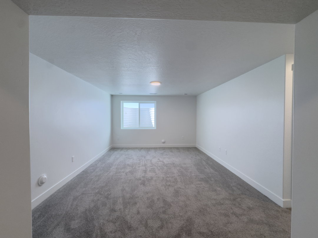 Spacious interior room featuring light gray carpeting, white painted walls, a flush-mount ceiling light fixture, and a single window with blinds